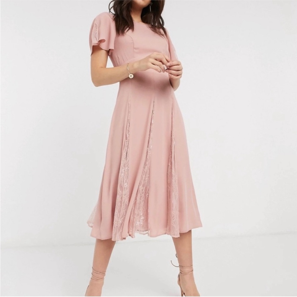 ASOS dusty rose elegant midi dress with lace panels. Size 4